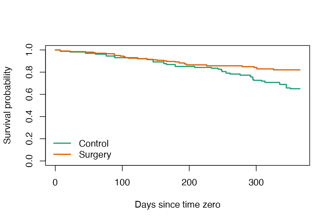 Weighted survival curves by strategy.